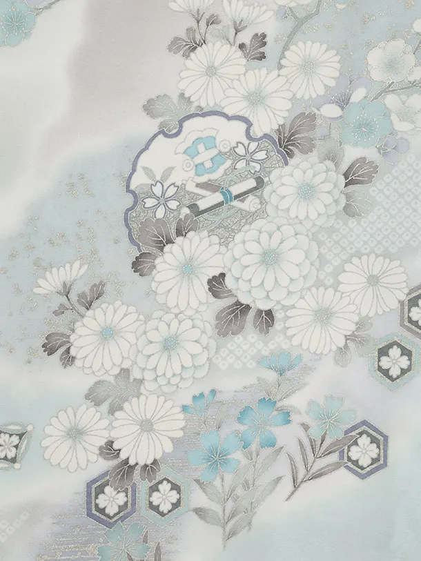 訪問着t1486 薄ミント 雪輪に四季花