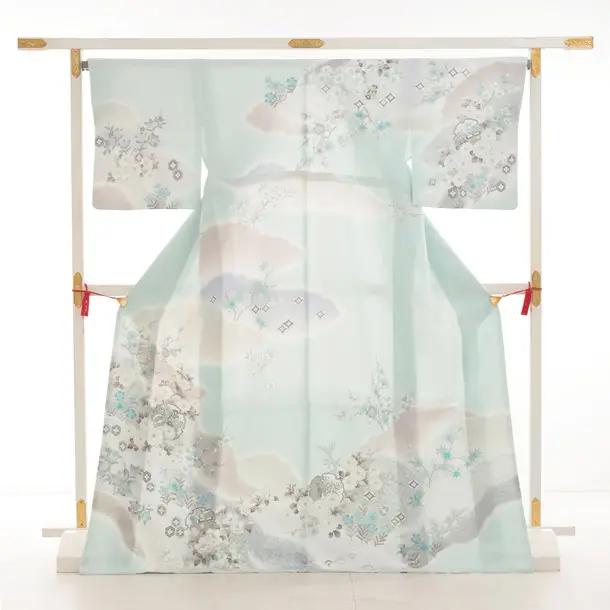 訪問着t1486 薄ミント 雪輪に四季花