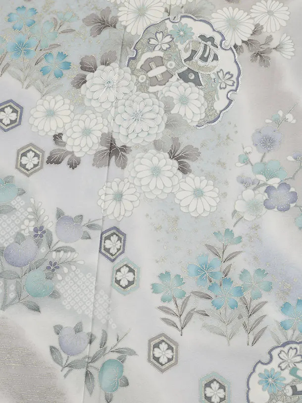 訪問着t1487 薄グレー 雪輪に四季花