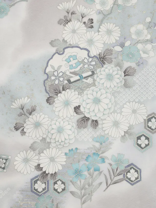 訪問着t1487 薄グレー 雪輪に四季花