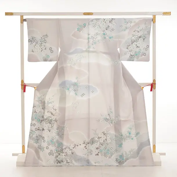 訪問着t1487 薄グレー 雪輪に四季花