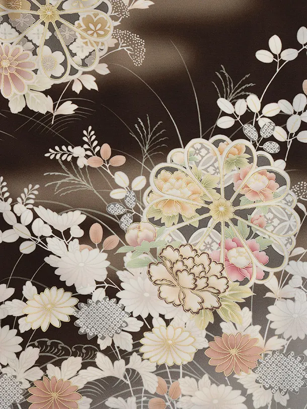 訪問着t1494 JAPAN STYLE ブラウン 菊に御所解