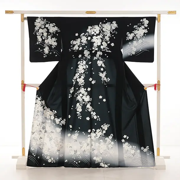 訪問着t1513 黒地 枝花