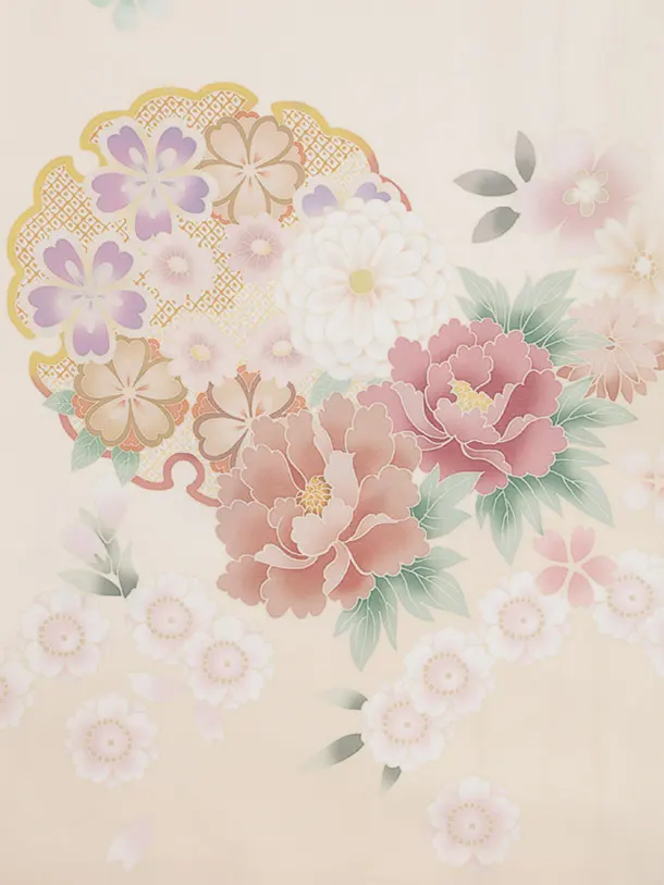 訪問着t1520 式部浪漫 クリームピンク雪輪に花