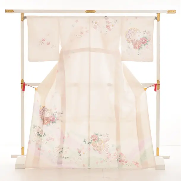 訪問着t1520 式部浪漫 クリームピンク雪輪に花