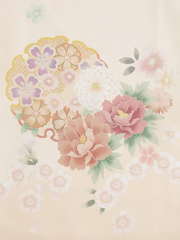 訪問着tQ1532 式部浪漫 クリームピンク 雪輪に花