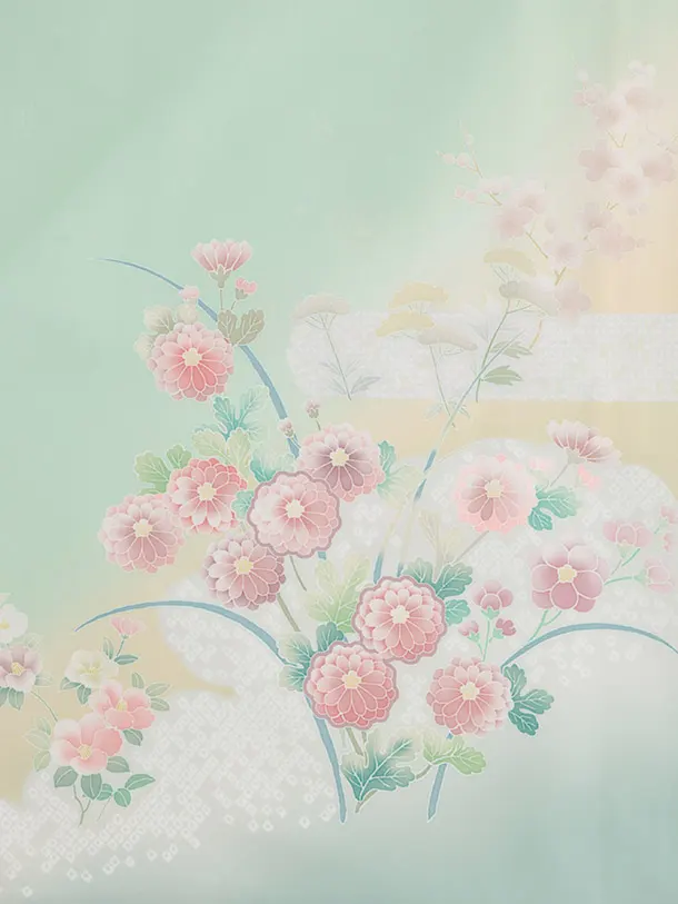 訪問着tQ1535 式部浪漫 ペールグリーン 雲草花