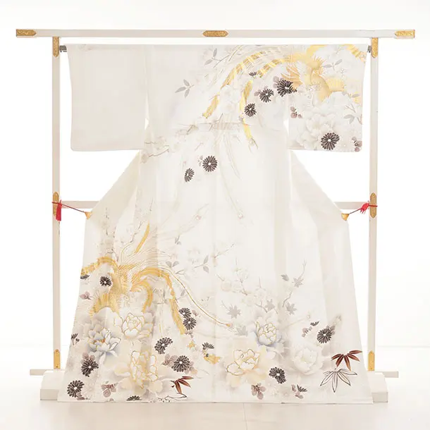 訪問着t1537 白地　牡丹に鳳凰