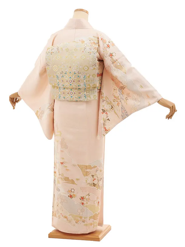 訪問着t1541 サーモンピンク 雪輪に吉祥文様