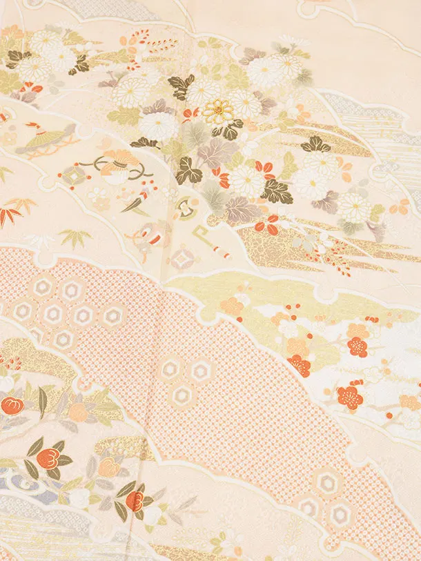 訪問着t1541 サーモンピンク 雪輪に吉祥文様