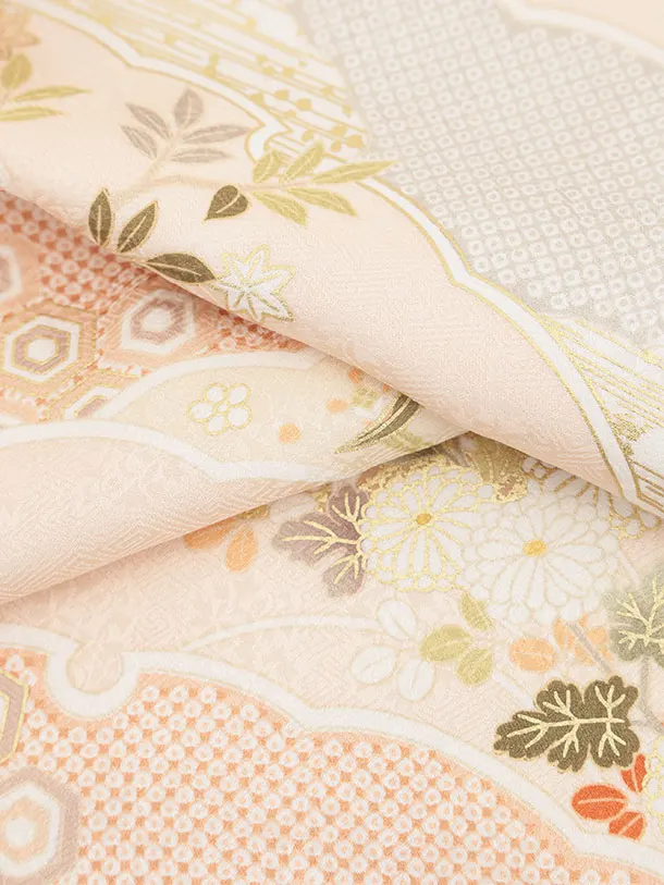 訪問着t1541 サーモンピンク 雪輪に吉祥文様