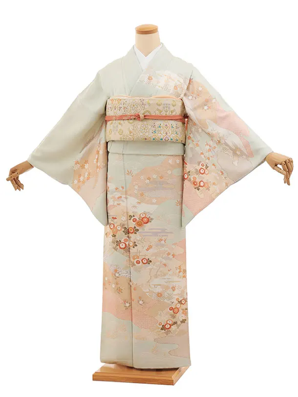 訪問着t1542 薄ミント 雲霞に菊