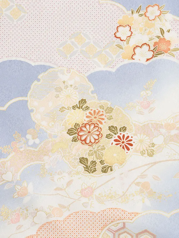 訪問着t1543 ペールブルー 雲取り雪輪菊
