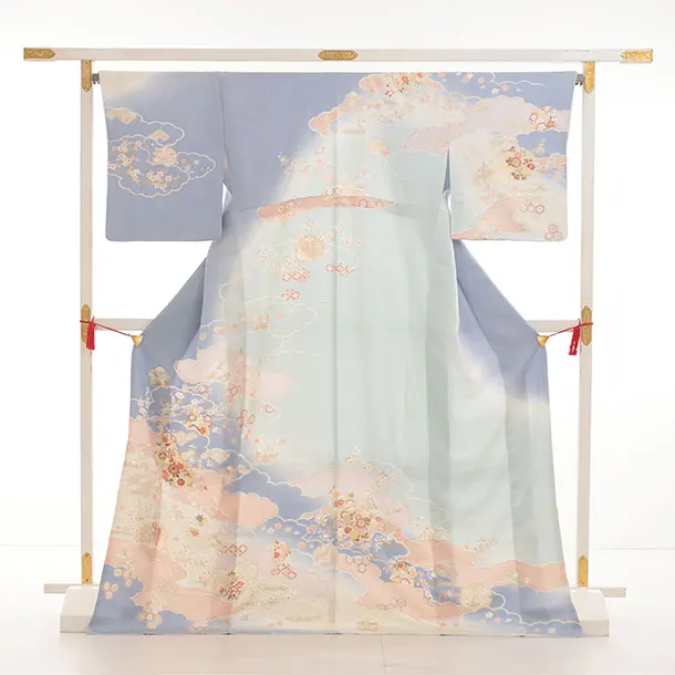 訪問着t1543 ペールブルー 雲取り雪輪菊