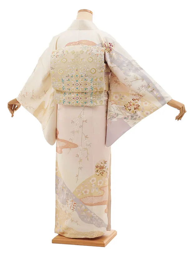 訪問着t1545 クリーム 流水雪輪四季花