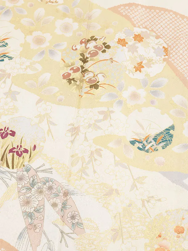 訪問着t1545 クリーム 流水雪輪四季花