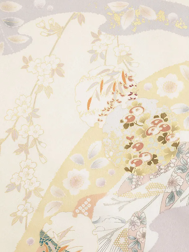 訪問着t1545 クリーム 流水雪輪四季花