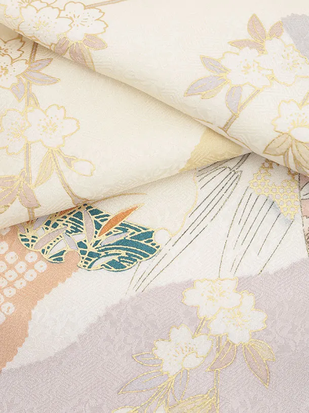 訪問着t1545 クリーム 流水雪輪四季花