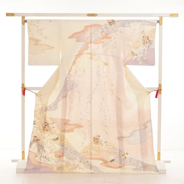 訪問着t1545 クリーム 流水雪輪四季花