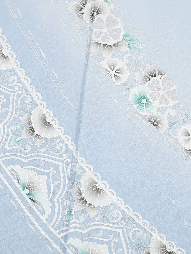 訪問着t1546 水色 銀彩 花流し