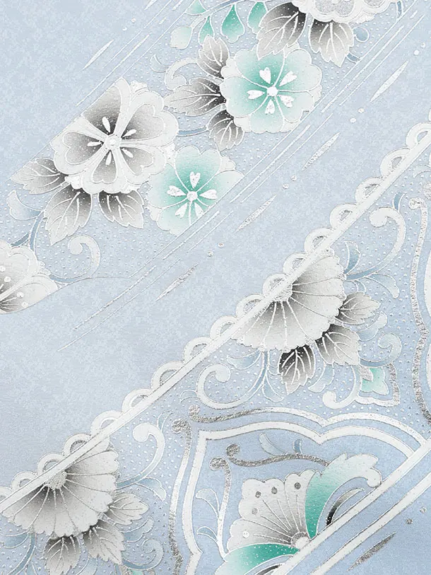 訪問着t1546 水色 銀彩 花流し