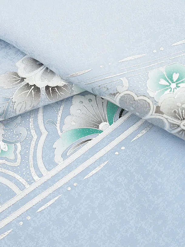 訪問着t1546 水色 銀彩 花流し