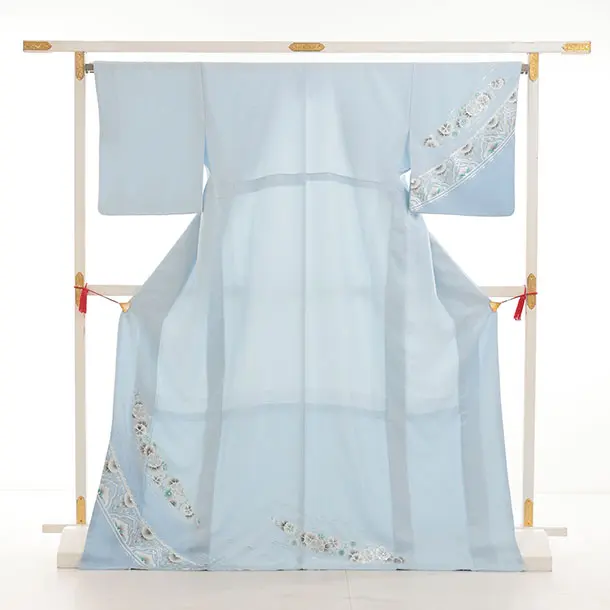 訪問着t1546 水色 銀彩 花流し