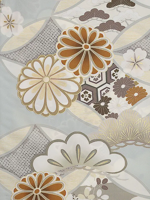 訪問着t1556  紅一点 グレー 七宝に菊(S)