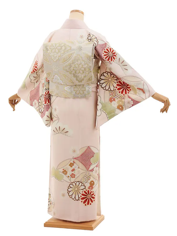 訪問着t1557  紅一点 ピンク 七宝に菊(S)