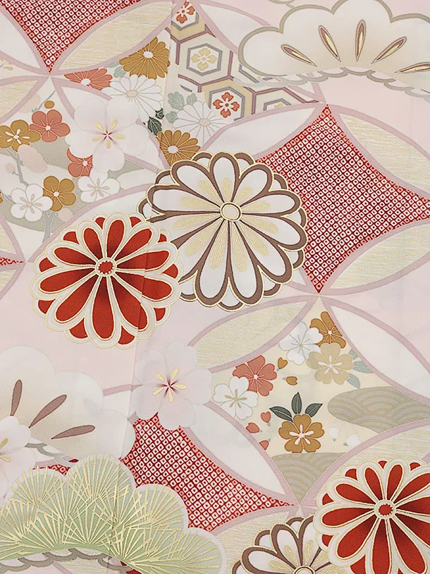 訪問着t1557  紅一点 ピンク 七宝に菊(S)