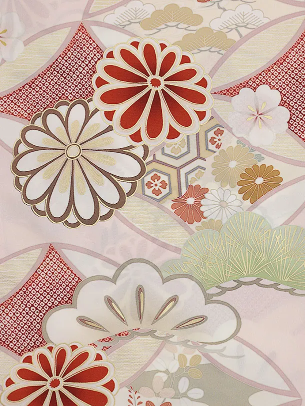 訪問着t1557  紅一点 ピンク 七宝に菊(S)