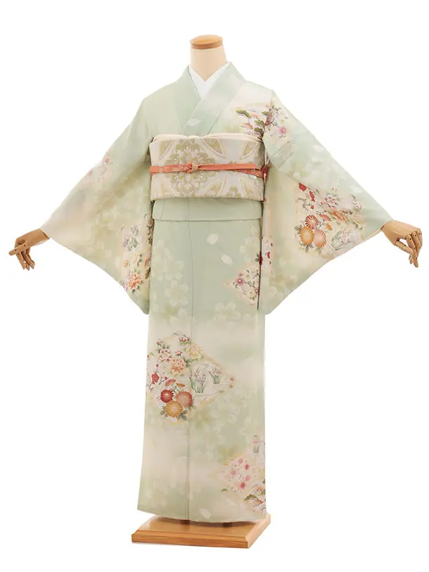 訪問着t1558  華徒然 ヒワ色 松皮菱に花(S)