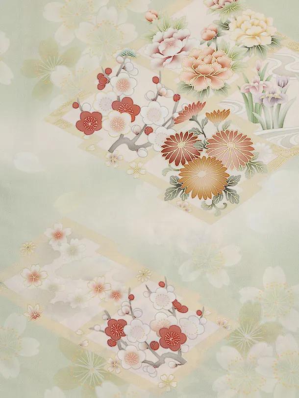 訪問着t1558  華徒然 ヒワ色 松皮菱に花(S)