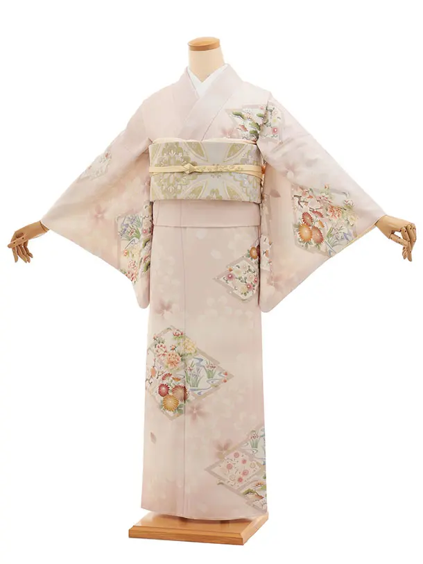 訪問着t1560  華徒然 ピンク 松皮菱に花(S)