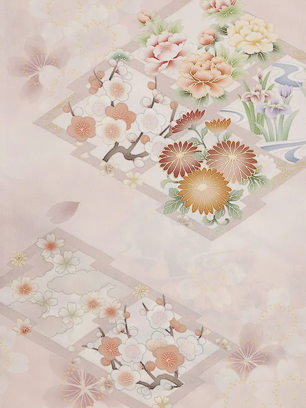 訪問着t1560  華徒然 ピンク 松皮菱に花(S)