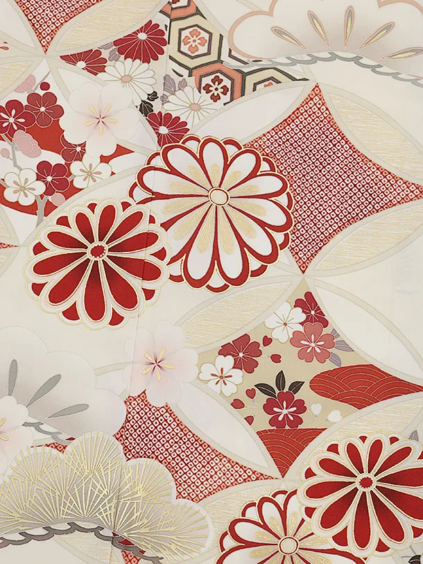 訪問着t1561  紅一点 ベージュ 七宝に菊(S)