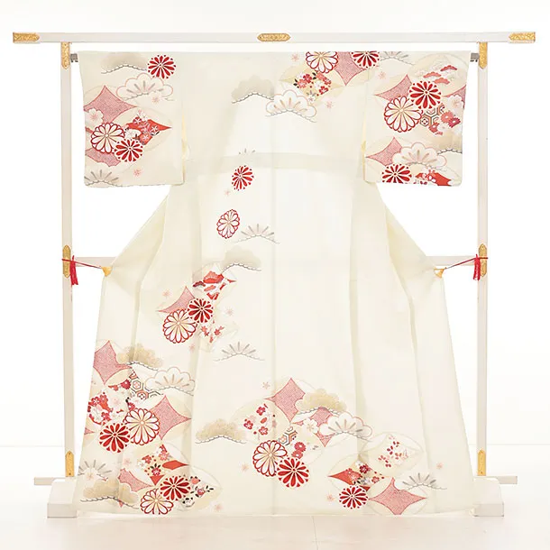 訪問着t1561  紅一点 ベージュ 七宝に菊(S)
