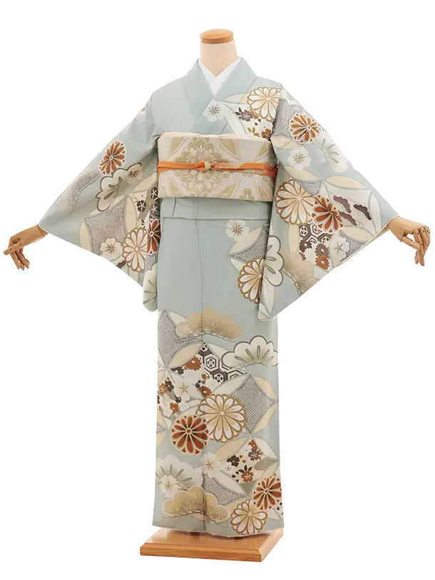 訪問着t1562  紅一点 グレー 七宝に菊(S)