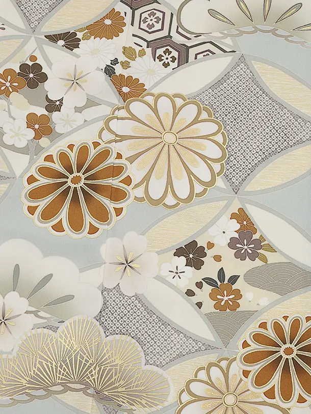 訪問着t1562  紅一点 グレー 七宝に菊(S)