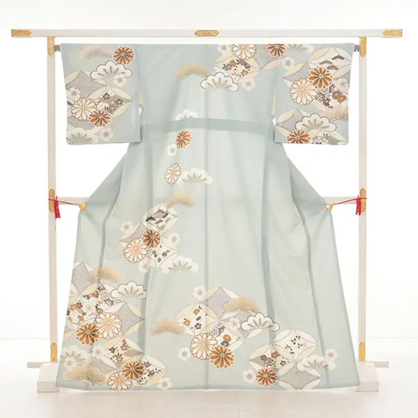 訪問着t1562  紅一点 グレー 七宝に菊(S)