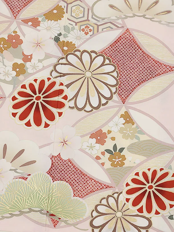 訪問着t1563  紅一点 ピンク 七宝に菊(S)