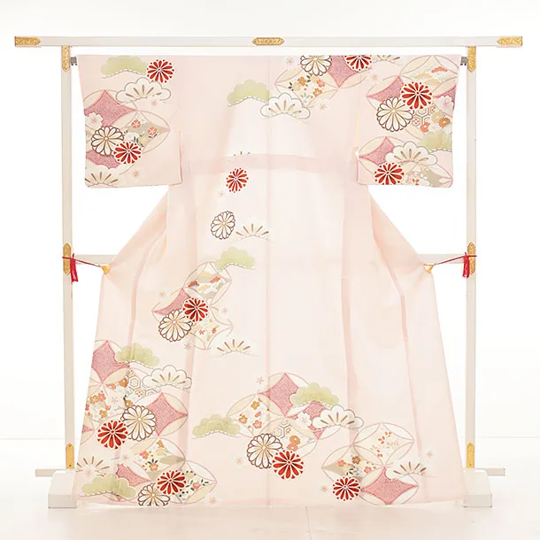 訪問着t1563  紅一点 ピンク 七宝に菊(S)