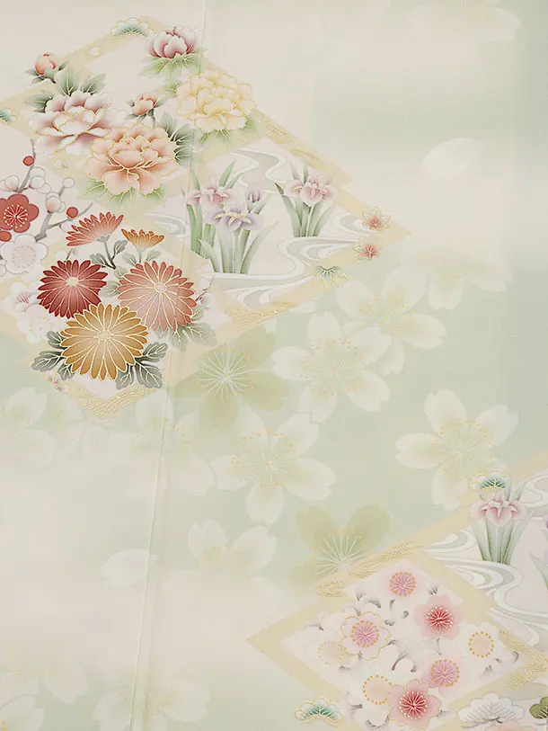 訪問着t1564  華徒然 ヒワ色 松皮菱に花(S)