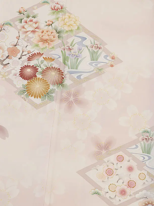 訪問着t1566  華徒然 ピンク 松皮菱に花(S)