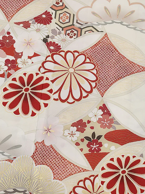 訪問着tt1567  紅一点 ベージュ 七宝に菊(トールサイズ)