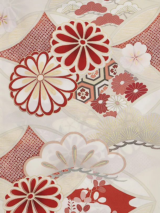 訪問着tt1567  紅一点 ベージュ 七宝に菊(トールサイズ)