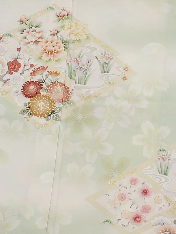 訪問着tt1570  華徒然 ヒワ色 松皮菱に花(トールサイズ)