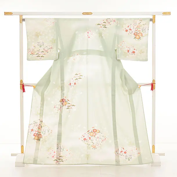 訪問着tt1570  華徒然 ヒワ色 松皮菱に花(トールサイズ)