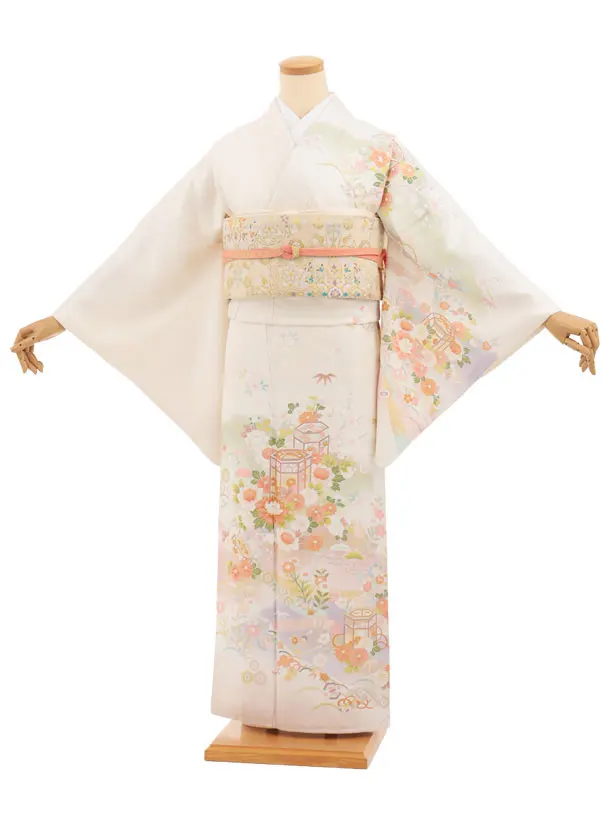 訪問着t1581 クリーム 貝桶に四季花