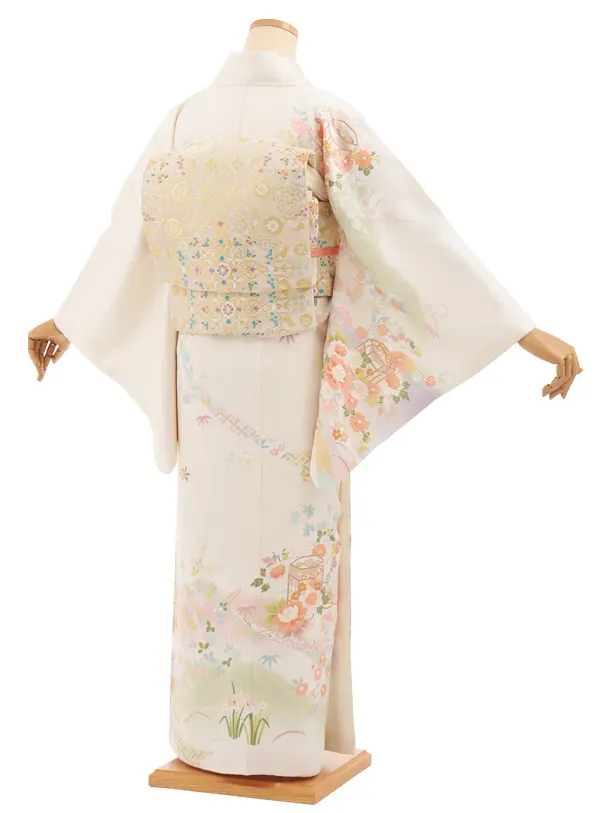 訪問着t1581 クリーム 貝桶に四季花